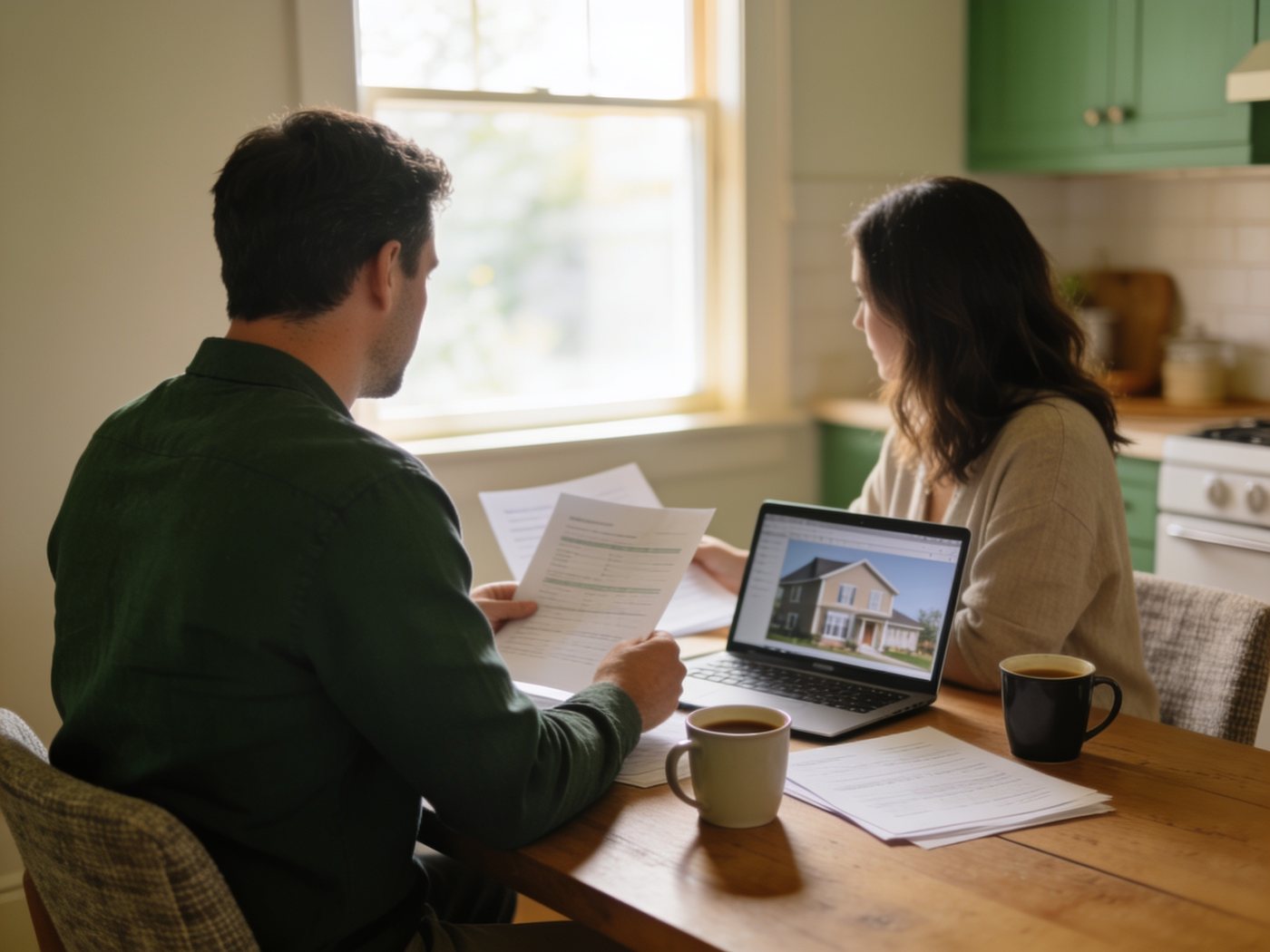 A couple reviewing home-buying paperwork at their kitchen table