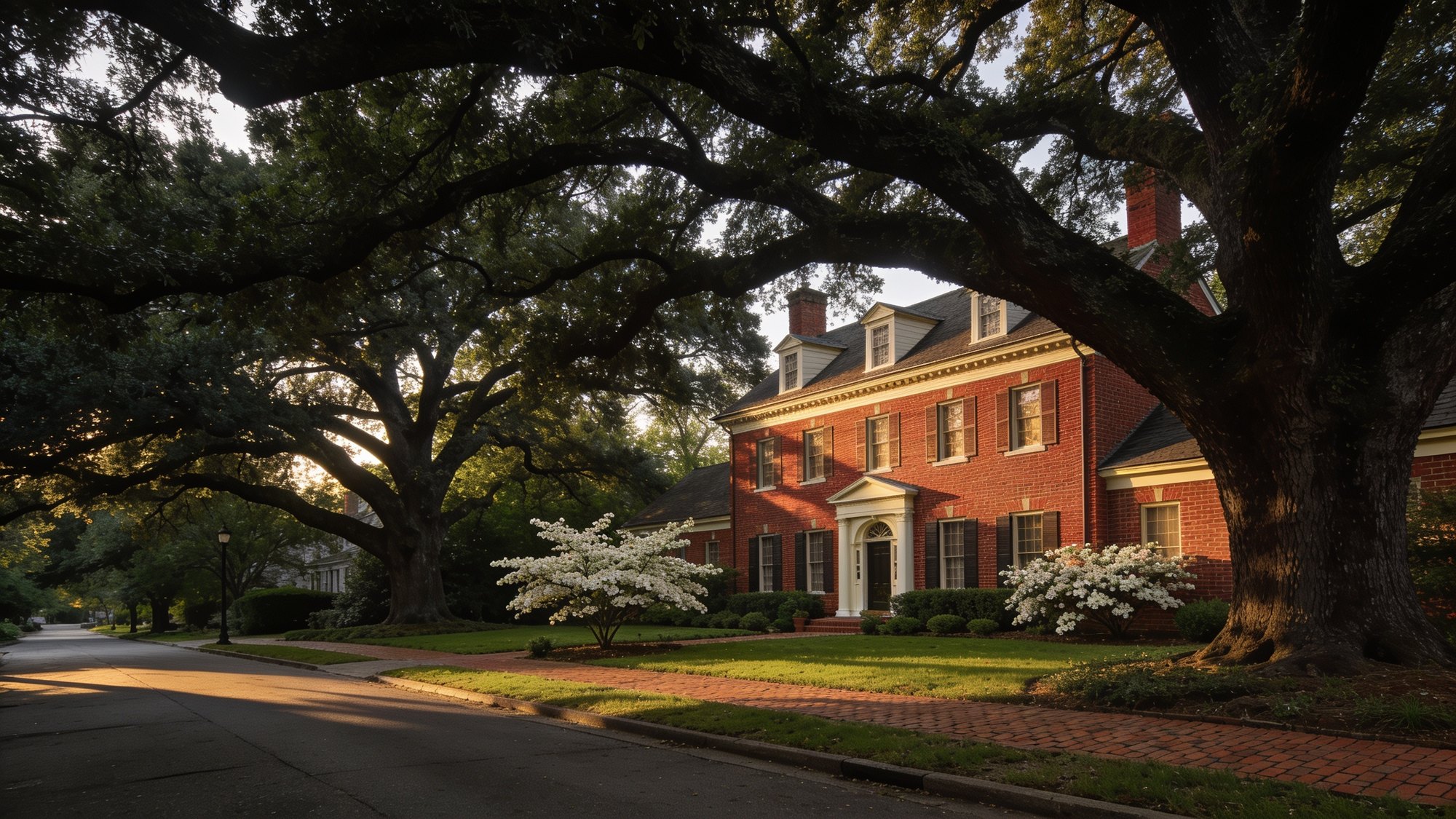 A brick home framed by mature oak trees on a quiet Charlotte street at golden hour