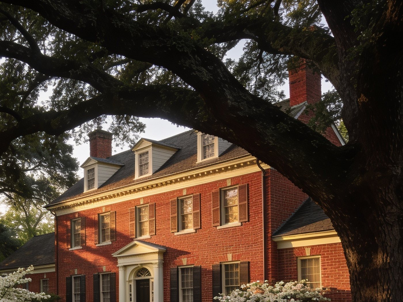 A brick colonial home framed by an old oak