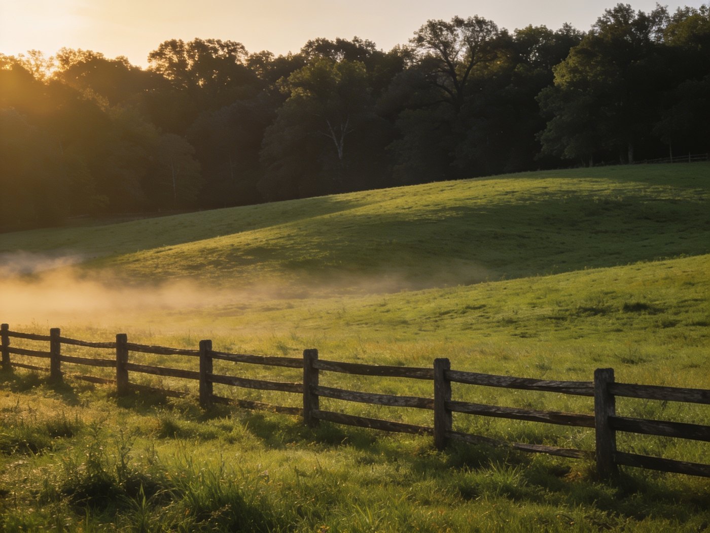 Open Carolina farmland rising to a hardwood treeline at golden hour