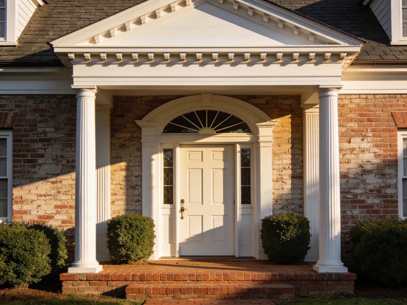 The columned brick entry of an established Carolina home in late afternoon light