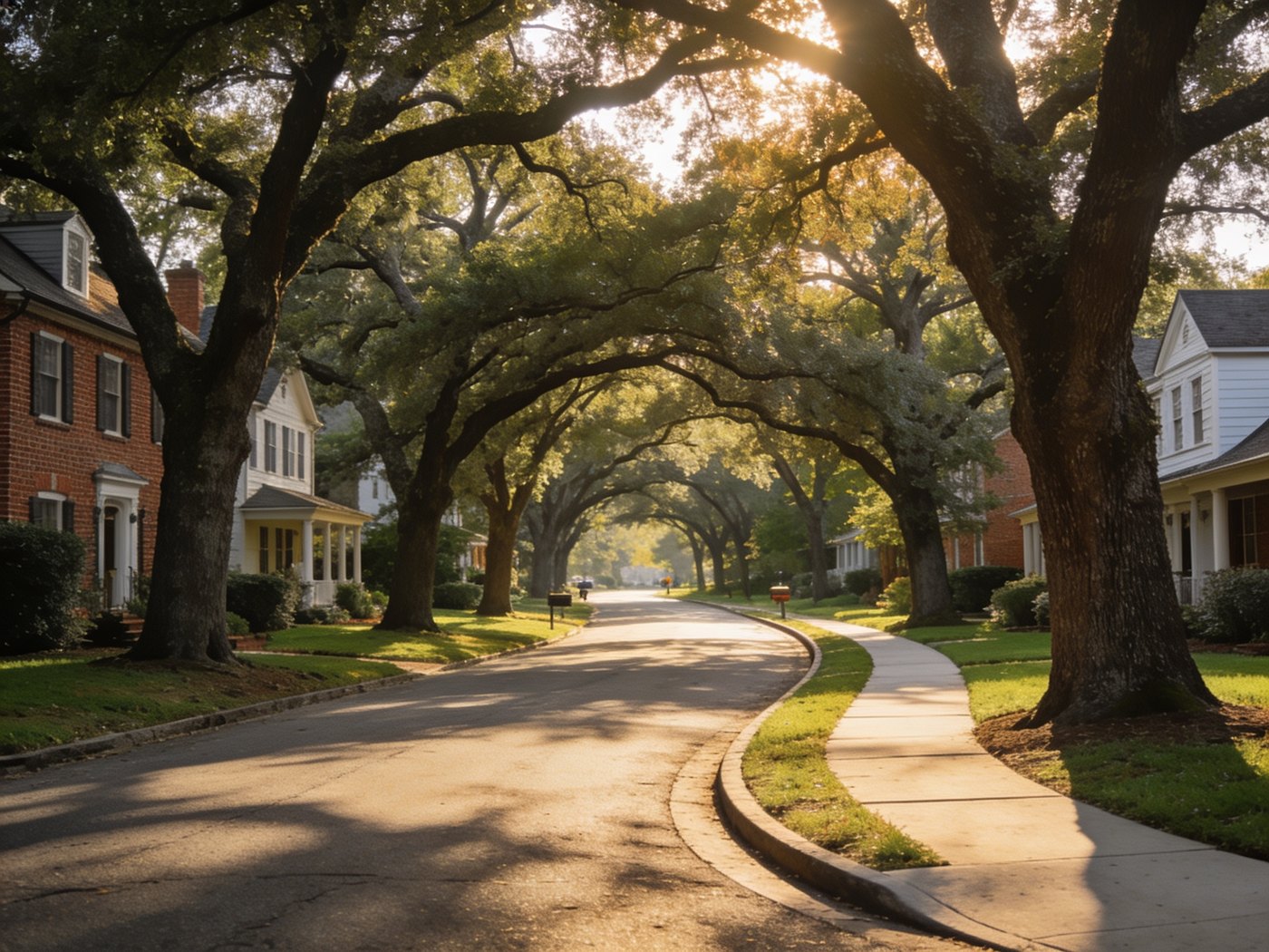 An established residential street shaded by mature oak trees
